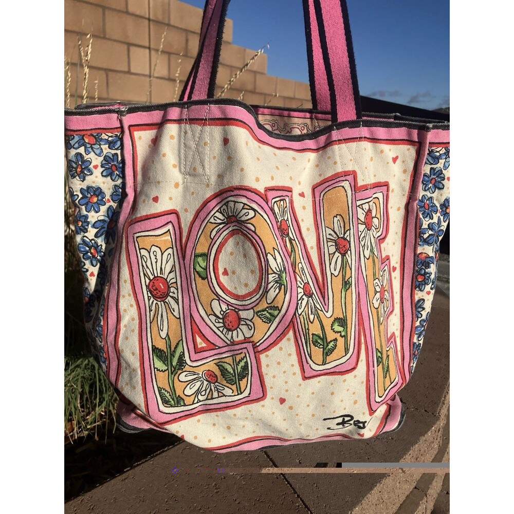 Brighton Love Floral Canvas Tote Bag Large Pink Blue Flowers 15”